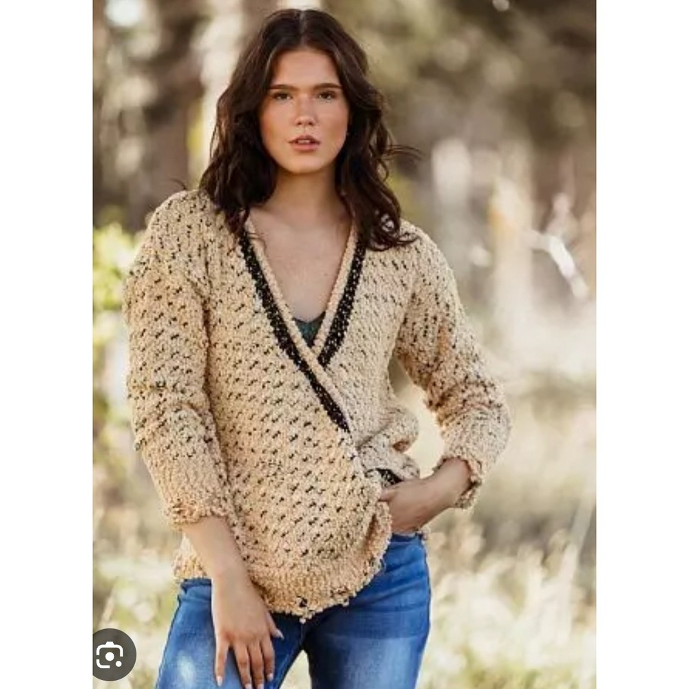 Ginnicks Beige Black Metallic Knit Wrap Cardigan Sweater Size L‎
